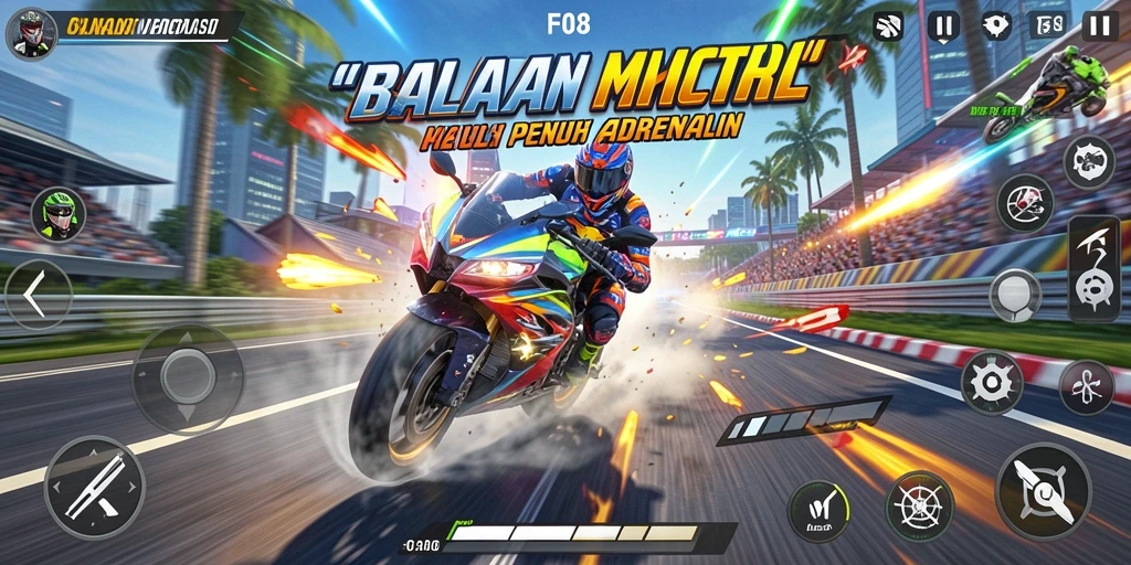 Tangkapan layar F08 menampilkan balapan motor yang intens dan seru.