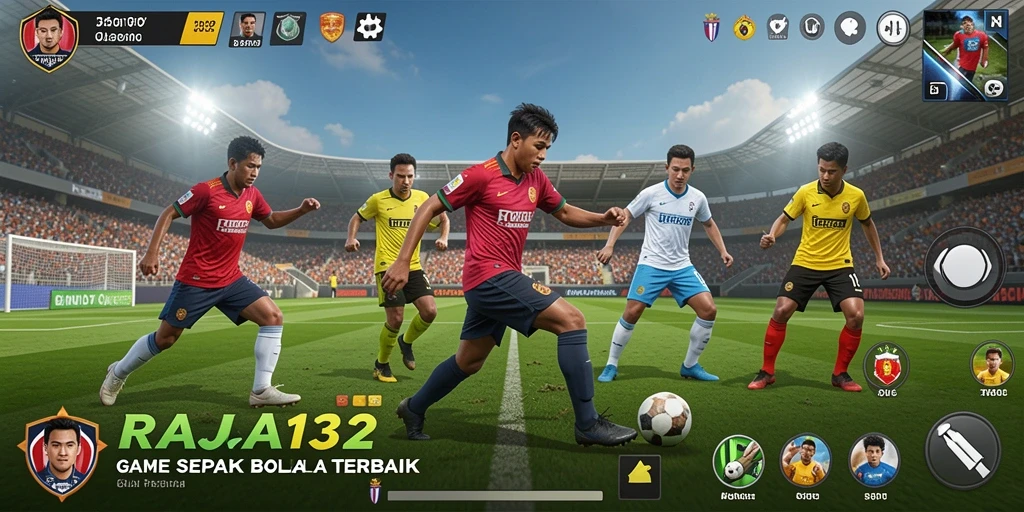 Tampilan gameplay mendalam dalam RAJA132 menunjukkan aksi sepak bola yang seru.