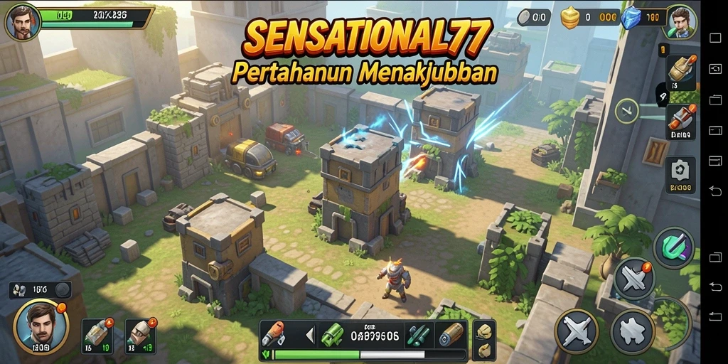 Screenshot menampilkan gameplay seru SENSATIONAL77 dalam mode Tower Defense.