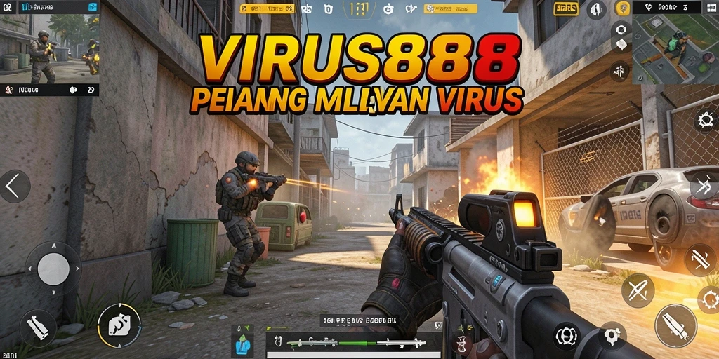 Screenshot gameplay VIRUS88 dengan aksi tembak-menembak yang intens.
